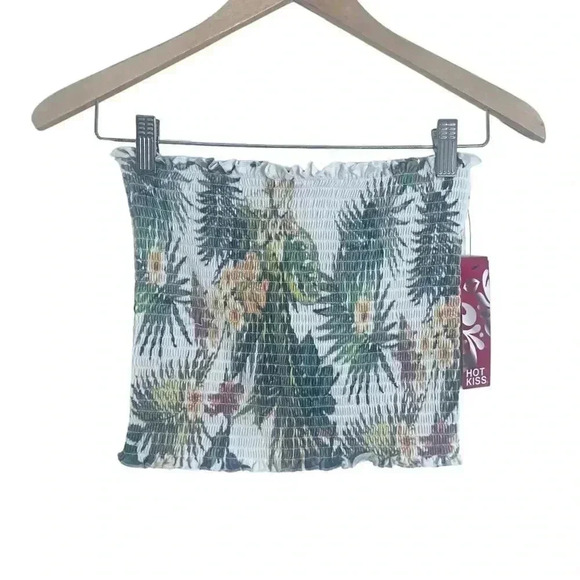 NWT Hot Kiss Green White Tropical Smocked Tube Top Summer Beach Vacation Size M - Picture 1 of 4